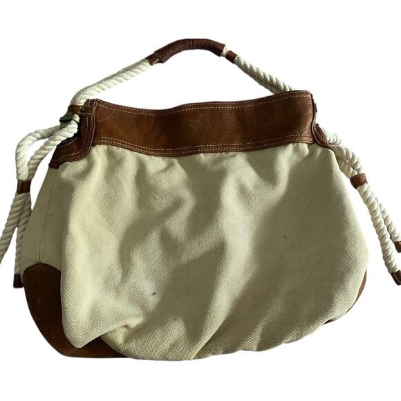 Vtg GAP Jeans Canvas Bucket Bag Tote Rope Cream Brown Leather Y2K 90s Hobo Purse - Picture 8 of 16